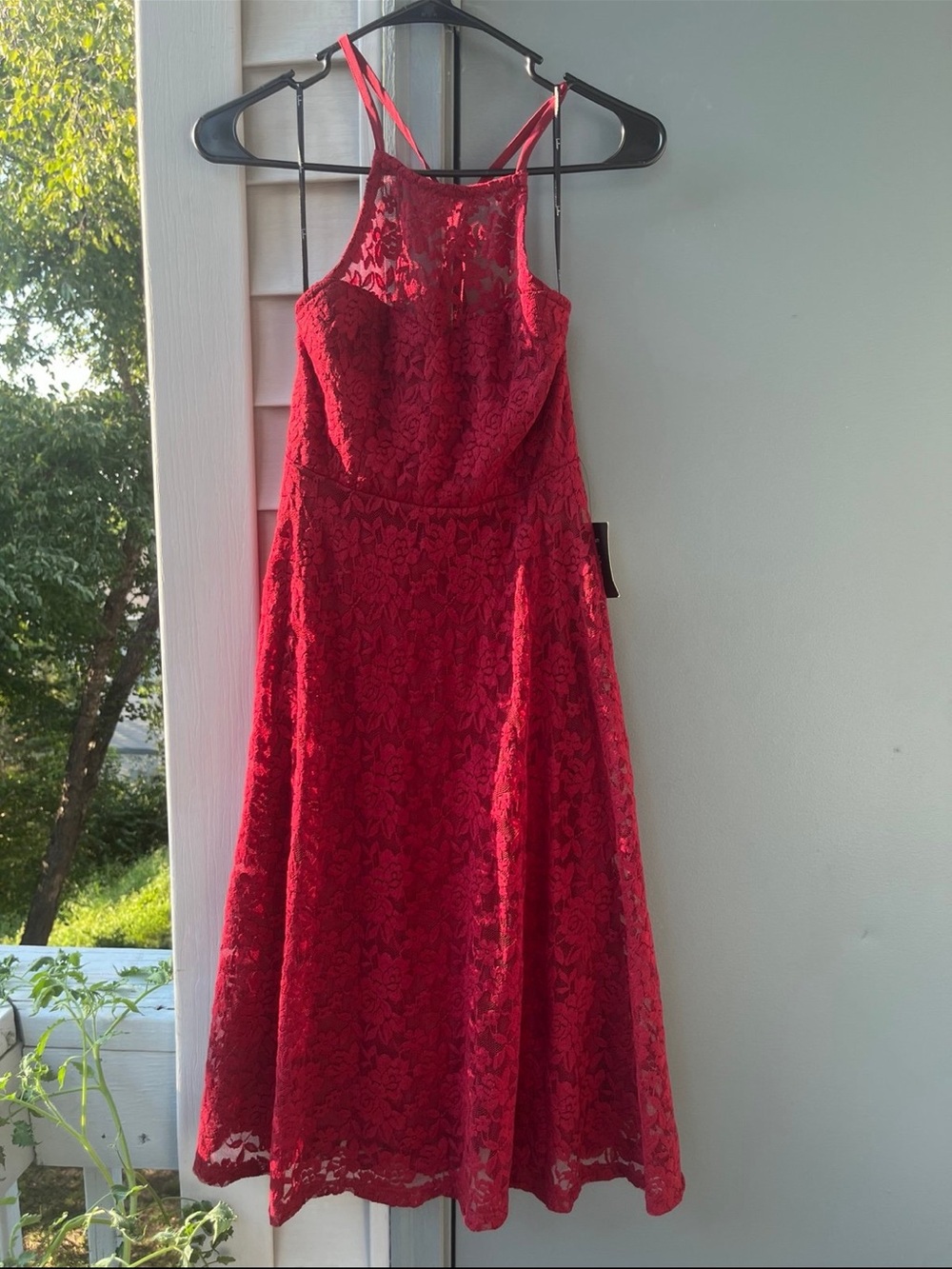 Lulu's Crimson Lace Halter Midi Dress